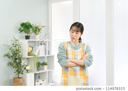 A woman wearing an apron who is worried 114076315