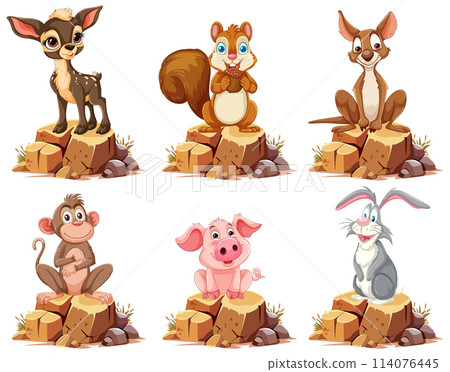 Cute Cartoon Animals on Wooden Stumps 114076445