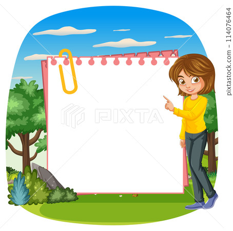 Cheerful Woman Presenting Blank Notepad 114076464