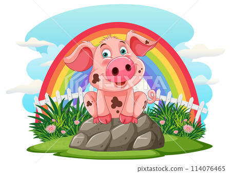 Cheerful Piglet Under a Colorful Rainbow Cheerful Piglet Under a Colorful Rainbow 114076465