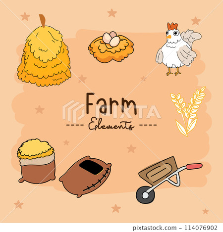 Hand drawn doodle set of farm elements. Vector illustration. Hand drawn doodle set of farm elements. Vector illustration. 114076902
