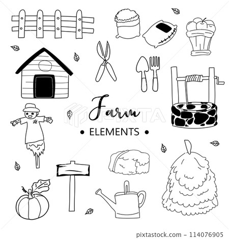 Hand drawn doodle set of farm elements. Vector illustration. 114076905