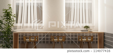 The interior design of a minimalist contemporary living room or coffee shop seating area. 114077416