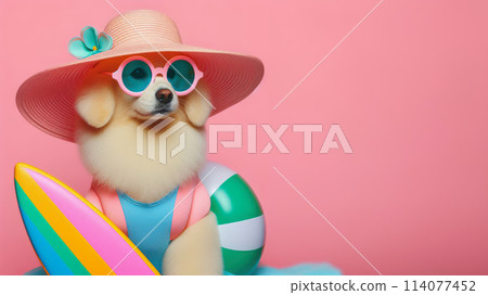 Funny dog wearing summer fashion on pastel background with copy space. Summer Vacation Concept. Funny dog wearing summer fashion on pastel background with copy space. Summer Vacation Concept. 114077452