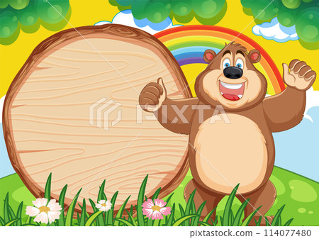 Cheerful Bear with Blank Wooden Sign 114077480