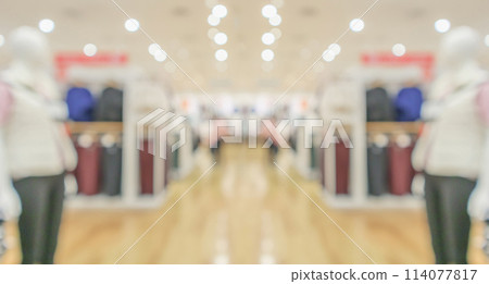 Abstract blur clothing boutique display interior of shopping mall background 114077817