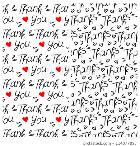 Thanks Hand drawn lettering with decorative elements and hearts shape Seamless pattern Background 114077853