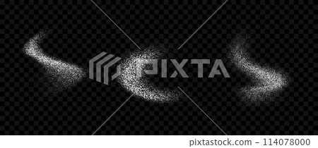White powder splashed set. Salt, sugar or flour splatter granules collection. Grunge stipple sprayed powder speckles, dots and pieces. Snow, dust or sand textured overlay. Vector specks background 114078000