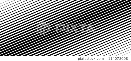 Oblique line halftone gradient texture. Fading diagonal stripe gradation background. Slant linear pattern backdrop. Thin to thick stripe vanish backdrop for overlay, print, cover. Vector wide texture 114078008