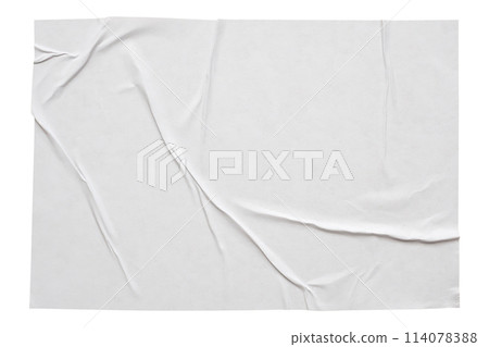 Blank white crumpled and creased paper sticker poster texture isolated on white background 114078388