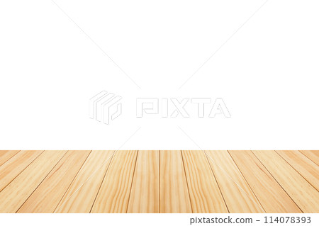 Empty wooden table top isolated on white background for product display montage 114078393
