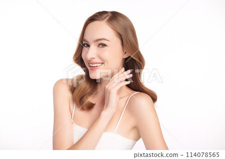 Beautiful young woman with clean fresh skin on white background, Face care, Facial treatment, Cosmetology, beauty and spa, women portrait. 114078565
