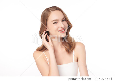 Beautiful young woman with clean fresh skin on white background, Face care, Facial treatment, Cosmetology, beauty and spa, women portrait. Beautiful young woman with clean fresh skin on white background, Face care, Facial treatment, Cosmetology, beauty and spa, women portrait. 114078571