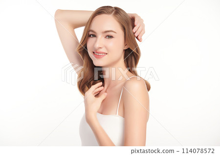 Beautiful young woman with clean fresh skin on white background, Face care, Facial treatment, Cosmetology, beauty and spa, women portrait. Beautiful young woman with clean fresh skin on white background, Face care, Facial treatment, Cosmetology, beauty and spa, women portrait. 114078572