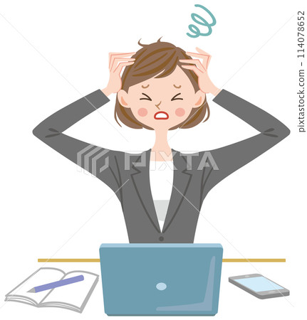 Woman holding her head while looking at a computer, overwork, stress, mistake, office worker Woman holding her head while looking at a computer, overwork, stress, mistake, office worker 114078652