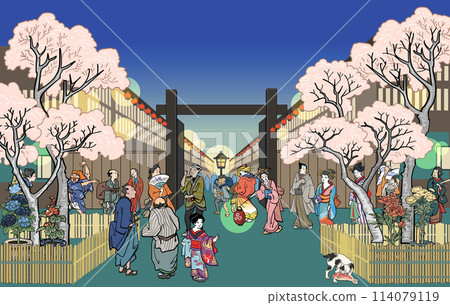 Cherry Blossoms at Night in Yoshiwara - Yoshiwara Red Light District 114079119