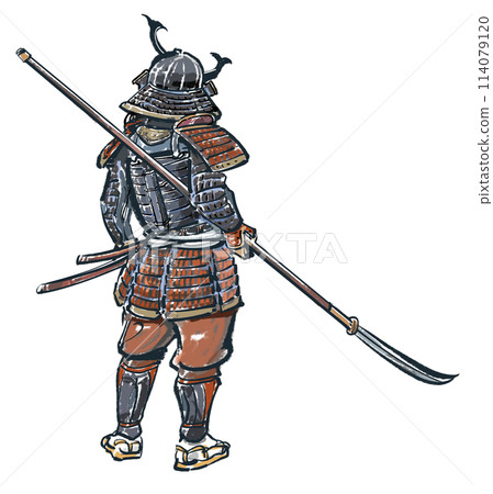 Armored samurai facing backwards with a naginata 114079120