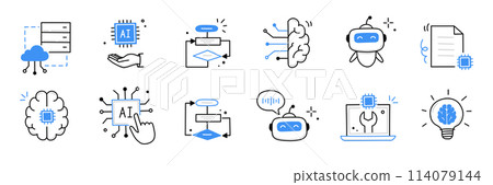 Artificial ai brain icon. Ai machine digital robot hand drawn doodle line icon. Artificial brain algorithm machine science concept. Hand drawn sketch style cute blue line. Vector 114079144