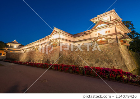 A clear blue night sky and the illuminated Hishi Yagura Tower at Kanazawa Castle Park | Kanazawa City, Ishikawa Prefecture A clear blue night sky and the illuminated Hishi Yagura Tower at Kanazawa Castle Park | Kanazawa City, Ishikawa Prefecture 114079426