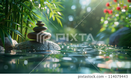 Meditation practices, principles of feng shui, relaxation techniques, and the serene beauty of nature, AI Generated 114079443