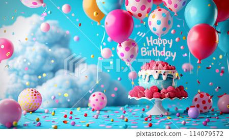 Birthday-themed design featuring colorful balloons and a vibrant cake. Incorporate the text Happy Birthday, AI Generated 114079572