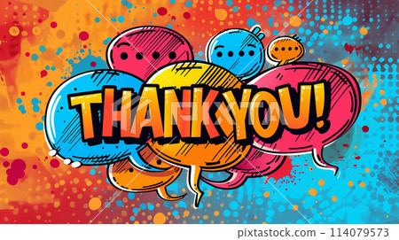 Depicts several speech bubbles, each in a different color, containing the expression THANK YOU prominently, AI Generated 114079573