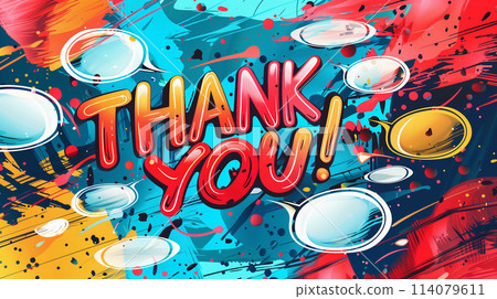 Depicts several colorful speech bubbles, each featuring the phrase THANK YOU, AI Generated 114079611