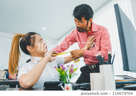 The boss or supervisor is harassing and hurting a female employee. Causing young employees to resist because they are uncomfortable and afraid of being sexually abused. Concept of sexual harassment in The boss or supervisor is harassing and hurting a female employee. Causing young employees to resist because they are uncomfortable and afraid of being sexually abused. Concept of sexual harassment in 114079704