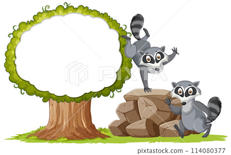 Playful Raccoons Near Tree Illustration 114080377