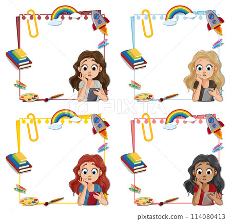 Colorful Artistic Frames with Curious Girls Colorful Artistic Frames with Curious Girls 114080413