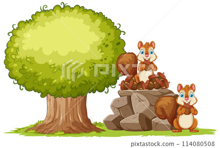 Squirrels Gathering Acorns Near Tree Squirrels Gathering Acorns Near Tree 114080508