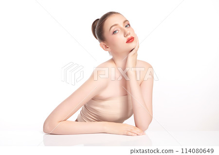 Beautiful young woman with clean fresh skin on white background, Face care, Facial treatment, Cosmetology, beauty and spa, women portrait. 114080649