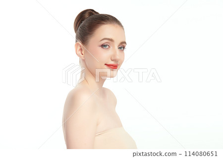 Beautiful young woman with clean fresh skin on white background, Face care, Facial treatment, Cosmetology, beauty and spa, women portrait. 114080651