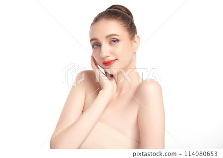 Beautiful young woman with clean fresh skin on white background, Face care, Facial treatment, Cosmetology, beauty and spa, women portrait. Beautiful young woman with clean fresh skin on white background, Face care, Facial treatment, Cosmetology, beauty and spa, women portrait. 114080653