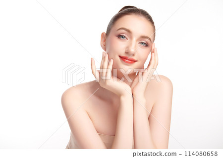 Beautiful young woman with clean fresh skin on white background, Face care, Facial treatment, Cosmetology, beauty and spa, women portrait. Beautiful young woman with clean fresh skin on white background, Face care, Facial treatment, Cosmetology, beauty and spa, women portrait. 114080658