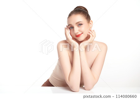 Beautiful young woman with clean fresh skin on white background, Face care, Facial treatment, Cosmetology, beauty and spa, women portrait. 114080660