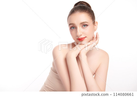 Beautiful young woman with clean fresh skin on white background, Face care, Facial treatment, Cosmetology, beauty and spa, women portrait. 114080661