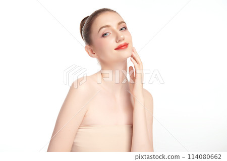 Beautiful young woman with clean fresh skin on white background, Face care, Facial treatment, Cosmetology, beauty and spa, women portrait. 114080662