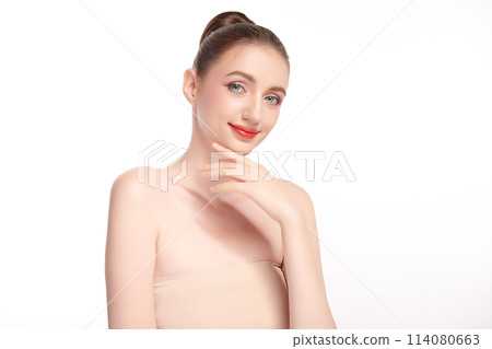 Beautiful young woman with clean fresh skin on white background, Face care, Facial treatment, Cosmetology, beauty and spa, women portrait. 114080663