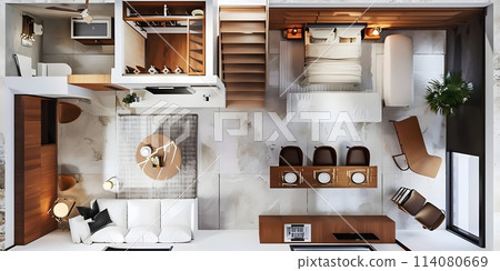 Top View of a Modern Multi-Room Plan 114080669