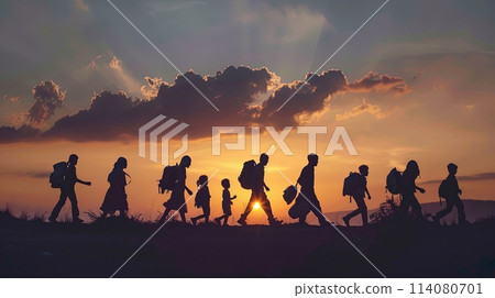 World Refugee Day, people cross the border with things at sunset World Refugee Day, people cross the border with things at sunset 114080701