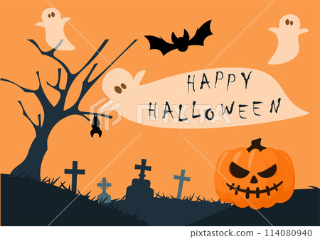 Happy Halloween poster. October holiday. Cartoon ghosts or scary pumpkin. Spooky night cemetery landscape. Flying bats. Bare trees and gravestones. Vector festival invitation background 114080940