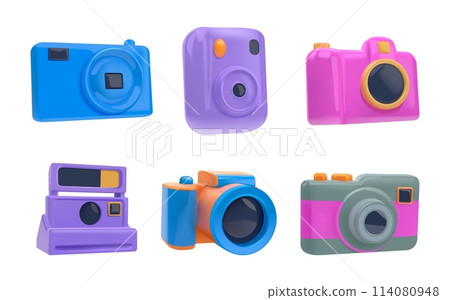 3D photo camera. Photograph creative focus. Vintage picture equipment. Professional photography. Volumetric button for retro art graphic. Photographic device. Vector render icons set 114080948