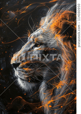 portrait of a lion's head on a black background. The illustration 114080950