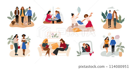 Girl friends. Female communication. People spend time together. Women making purchases and eating in cafe. Persons talk or walk in friendship group. Pajamas party. Vector fun activities set 114080951