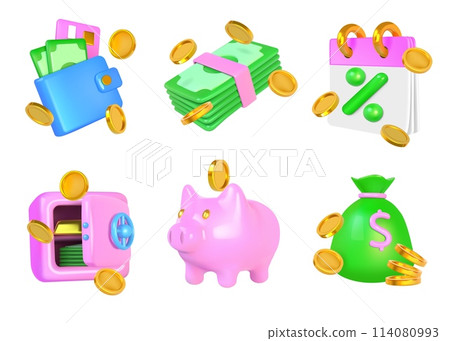 3D money. Gold coins and banknotes. Wallet bag. Piggy bank. Credit card and cash. Safe for dollars. Win in casino. Finance savings. Currency investment. Vector financial render icons set 3D money. Gold coins and banknotes. Wallet bag. Piggy bank. Credit card and cash. Safe for dollars. Win in casino. Finance savings. Currency investment. Vector financial render icons set 114080993