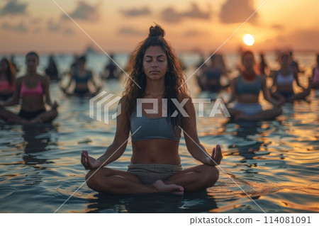 A group of young girls practicing yoga perform Padmasana exercises, lotus position 114081091