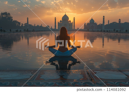 A group of young girls practicing yoga perform Padmasana exercises, lotus position 114081092