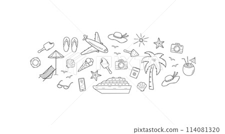 Set of summer travel doodle style icons. Vector illustration of the elements of tourism and beach holidays. 114081320