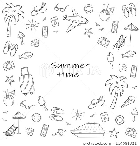 Set of summer travel doodle style icons. Vector illustration of the elements of tourism and beach holidays. Set of summer travel doodle style icons. Vector illustration of the elements of tourism and beach holidays. 114081321